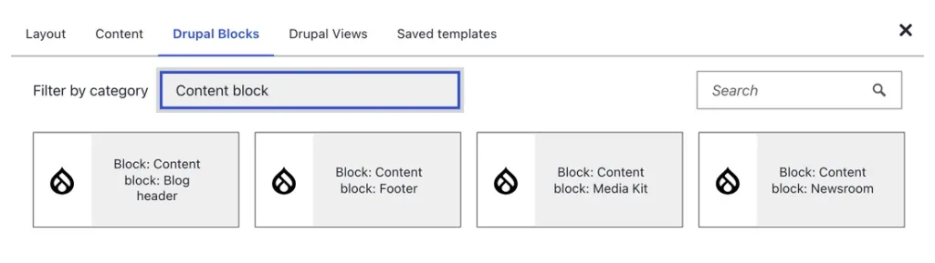 DXPR Builder element picker on Drupal Blocks offering Blog header, Footer, Media Kit and Newsroom.