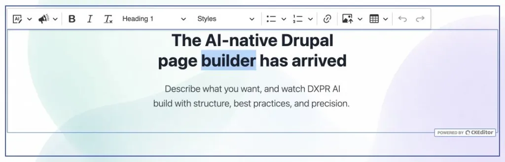 DXPR Builder inline editor with heading text selected and the formatting toolbar visible.